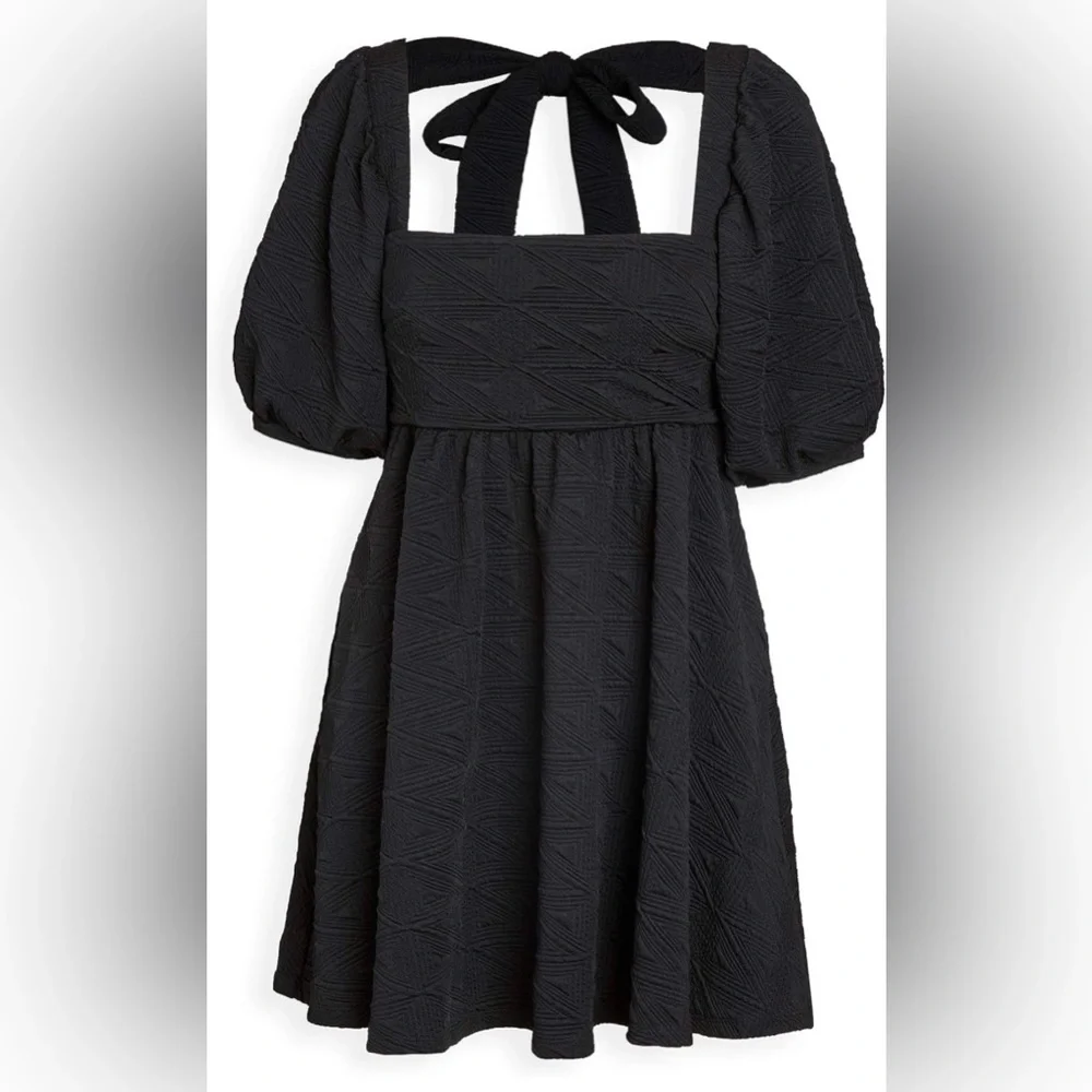 Free People Violet Mini Dress Black Textured Puff Sleeve‎ Babydoll Open Back Bow